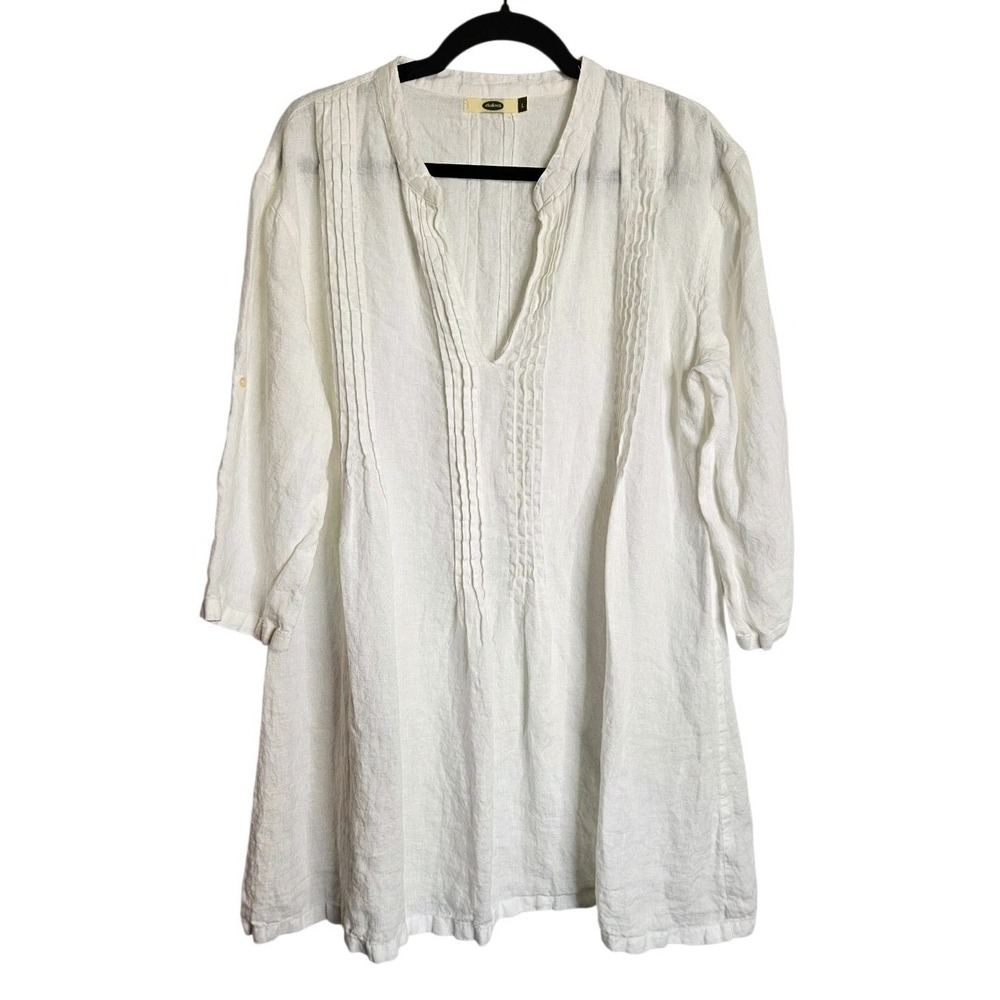 Dolma Women's 100% Linen White V Neck Pleated Boho Roll Tab Sleeves Dress Sz L